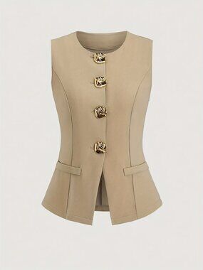 Neutral French Style Sleeveless Blazer Vest – Gold Button Elegant Top